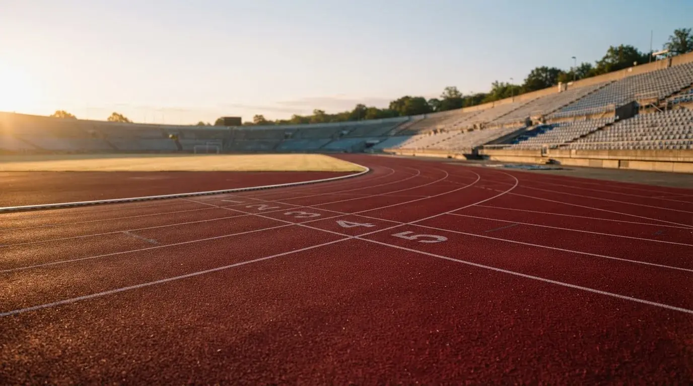 Bieżnia lekkoatletyczna wygięta w łuk pustego stadionu w porannym słońcu.